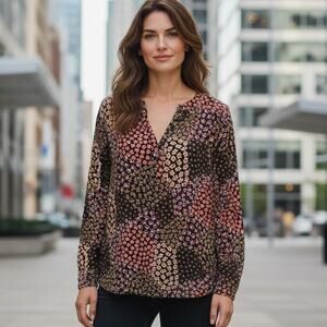 LOFT Mixed Floral Patchwork Blouse Womens Large Petite Multicolor Career Top